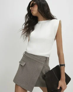Beige Asymmetric Pocket Front Skort