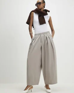 Beige Barrel Leg Pleated Trousers
