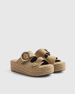 Beige Buckle Strap Wedge Sandals