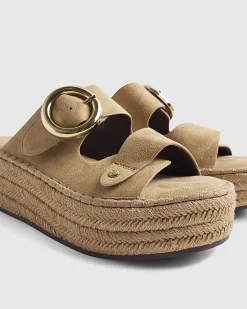 Beige Buckle Strap Wedge Sandals