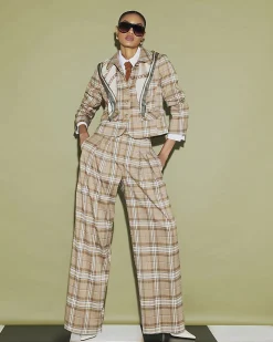 Beige Check Pleated Wide Leg Trousers