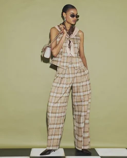Beige Checked Cinched Waist Waistcoat