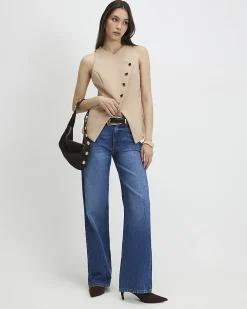 Beige Collarless Asymmetric Waistcoat