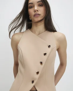 Beige Collarless Asymmetric Waistcoat