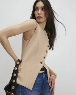Beige Collarless Asymmetric Waistcoat