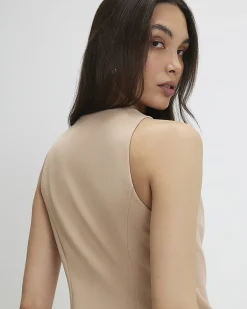 Beige Collarless Asymmetric Waistcoat