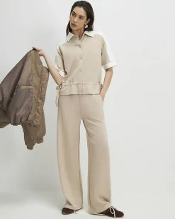 Beige Colour Blocked Wide Leg Trousers