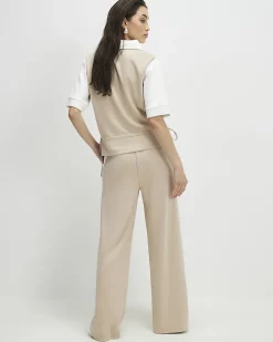 Beige Colour Blocked Wide Leg Trousers