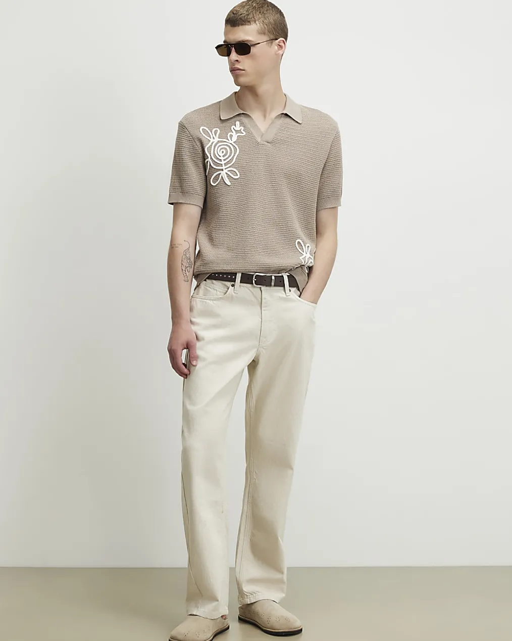 Beige Cornelli Knitted Open Collar Shirt