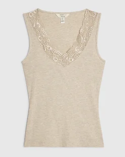 Beige Cotton Blend Lace Trim Tank Top