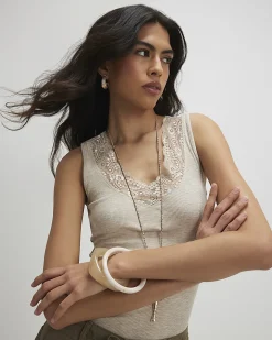 Beige Cotton Blend Lace Trim Tank Top