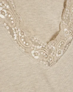 Beige Cotton Blend Lace Trim Tank Top