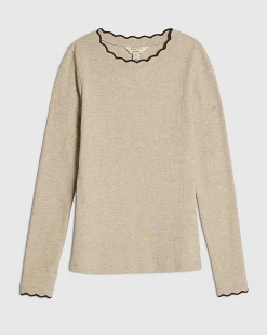 Beige Cotton Blend Scallop Trim Top