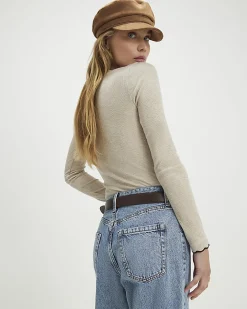 Beige Cotton Blend Scallop Trim Top