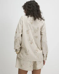 Beige Cotton Blend Striped Embellished Shirt