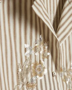 Beige Cotton Blend Striped Embellished Shirt