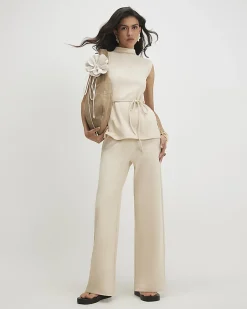 Beige Cotton Blend Textured Wide Leg Trousers