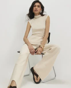 Beige Cotton Blend Textured Wide Leg Trousers