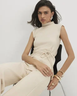 Beige Cotton Blend Textured Tie Belt Top