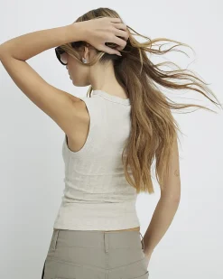 Beige Cotton Blend Wide Ribbed Tank Top