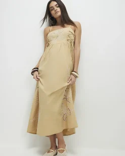 Beige Cotton Broderie Tie Side Midi Dress