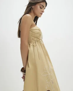 Beige Cotton Broderie Tie Side Midi Dress