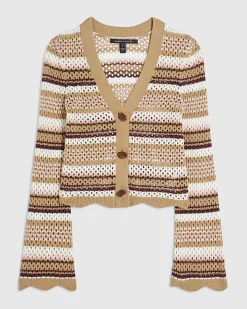 Beige Cotton Crochet Knit Striped Cardigan