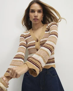 Beige Cotton Crochet Knit Striped Cardigan