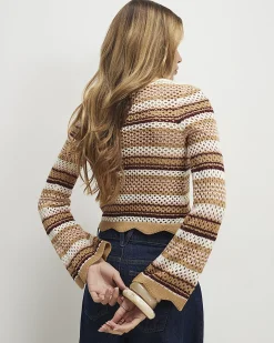 Beige Cotton Crochet Knit Striped Cardigan