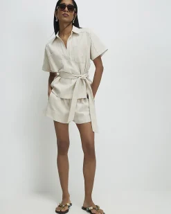 Beige Cotton Elasticated Waist Shorts