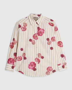 Beige Cotton Floral Striped Long Sleeve Shirt