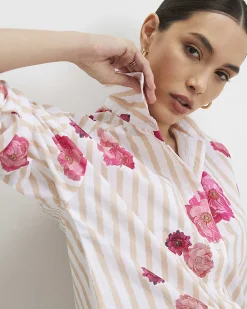 Beige Cotton Floral Striped Long Sleeve Shirt