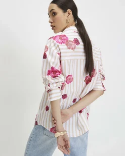 Beige Cotton Floral Striped Long Sleeve Shirt