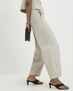 Beige Cotton Sateen Barrel Leg Trousers