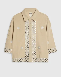 Beige Cotton Sequin Embellished Beach Shirt