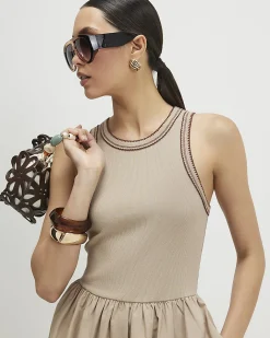 Beige Cotton Sleeveless Whipstitch Maxi Dress