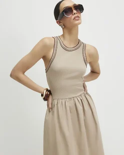 Beige Cotton Sleeveless Whipstitch Maxi Dress