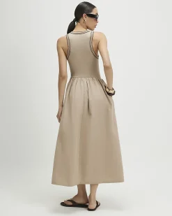 Beige Cotton Sleeveless Whipstitch Maxi Dress