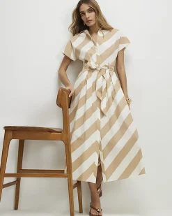 Beige Cotton Striped Midi Shirt Dress