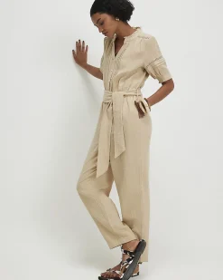Beige Cotton Textured Jumpsuit