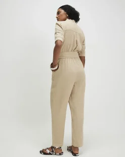Beige Cotton Textured Jumpsuit