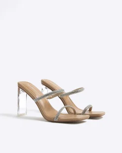 Beige Diamante Double Strap Heeled Mules