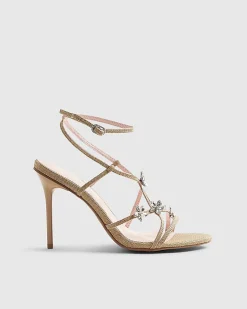 Beige Diamante Flower Strappy Heel Sandals