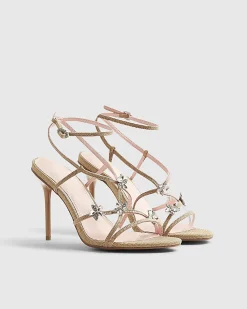 Beige Diamante Flower Strappy Heel Sandals