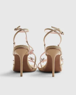 Beige Diamante Flower Strappy Heel Sandals