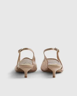 Beige Diamante Mesh Slingback Court Heels