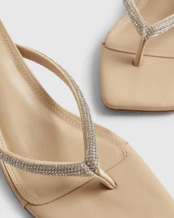 Beige Diamante Toe Thong Heeled Sandals