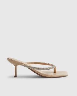 Beige Diamante Toe Thong Heeled Sandals