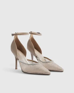 Beige Embellished Mesh Court Heels