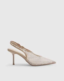 Beige Embellished Slingback Court Heels